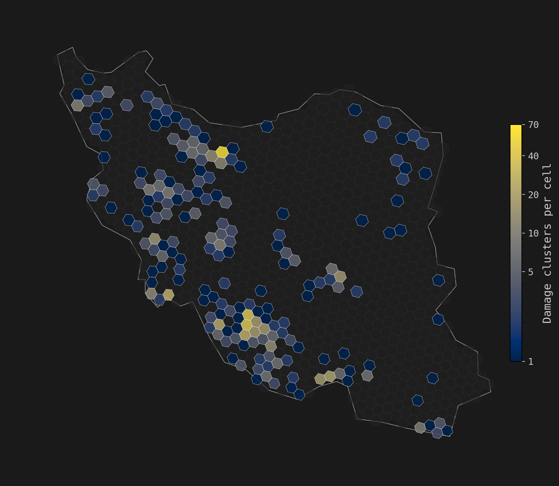 Damage cluster density across Iran (H3 hexagonal grid)
